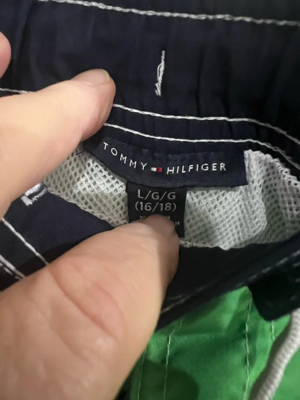 Tommy Hilfiger Navy and Green Logo Lined Swim Shorts